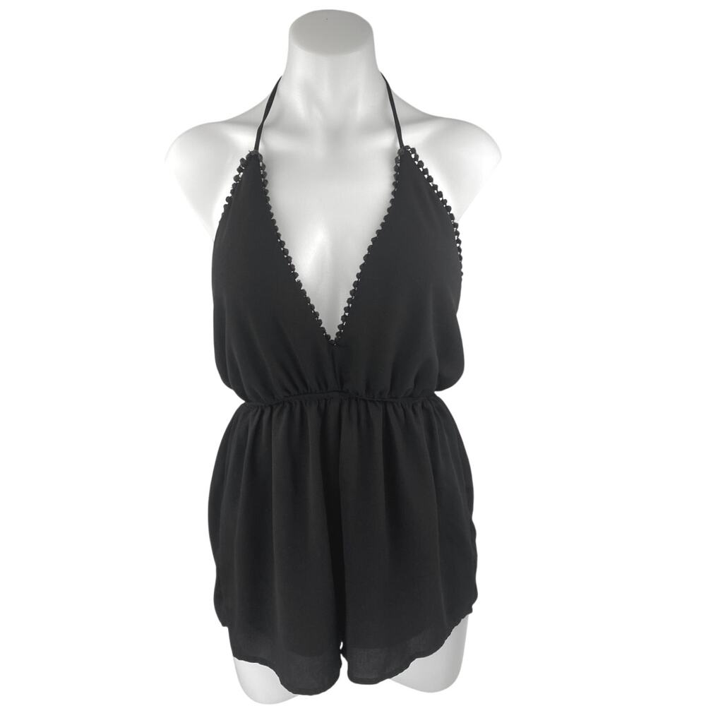 Ecote Black Halter Sleeveless Open Back Deep V Neck Pom Pom Romper Shorts Size M